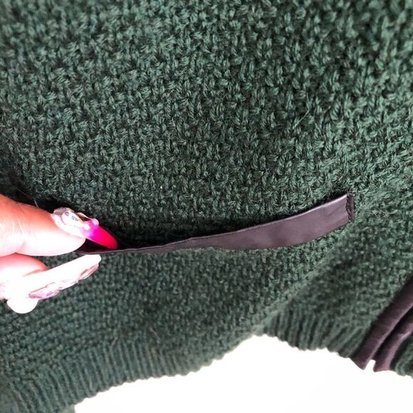 Tahari Crewneck Green Knit Zip Cardigan Faux Leather trim - Picture 9 of 11